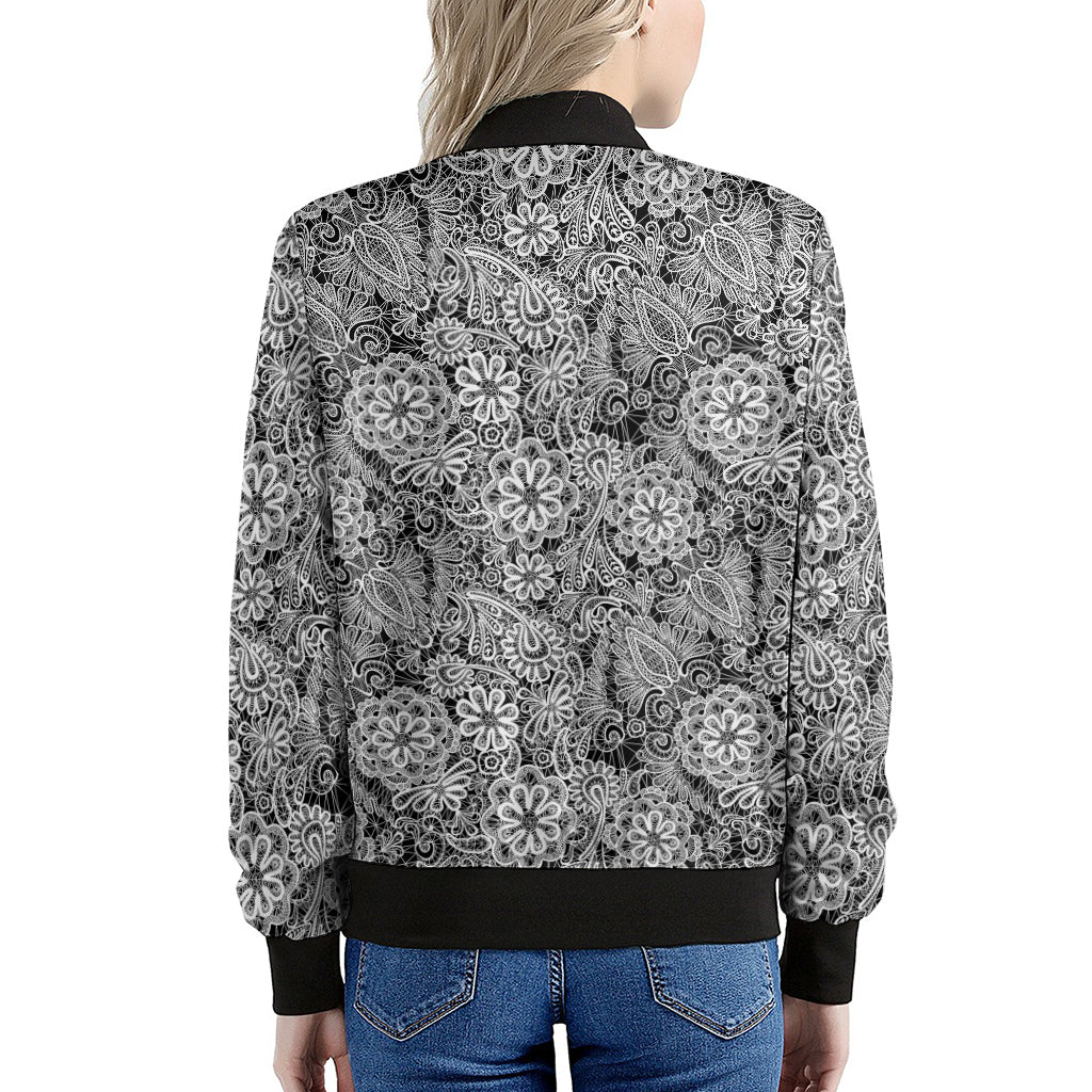 Black And White Western Flower Print Women's Bomber Jacket