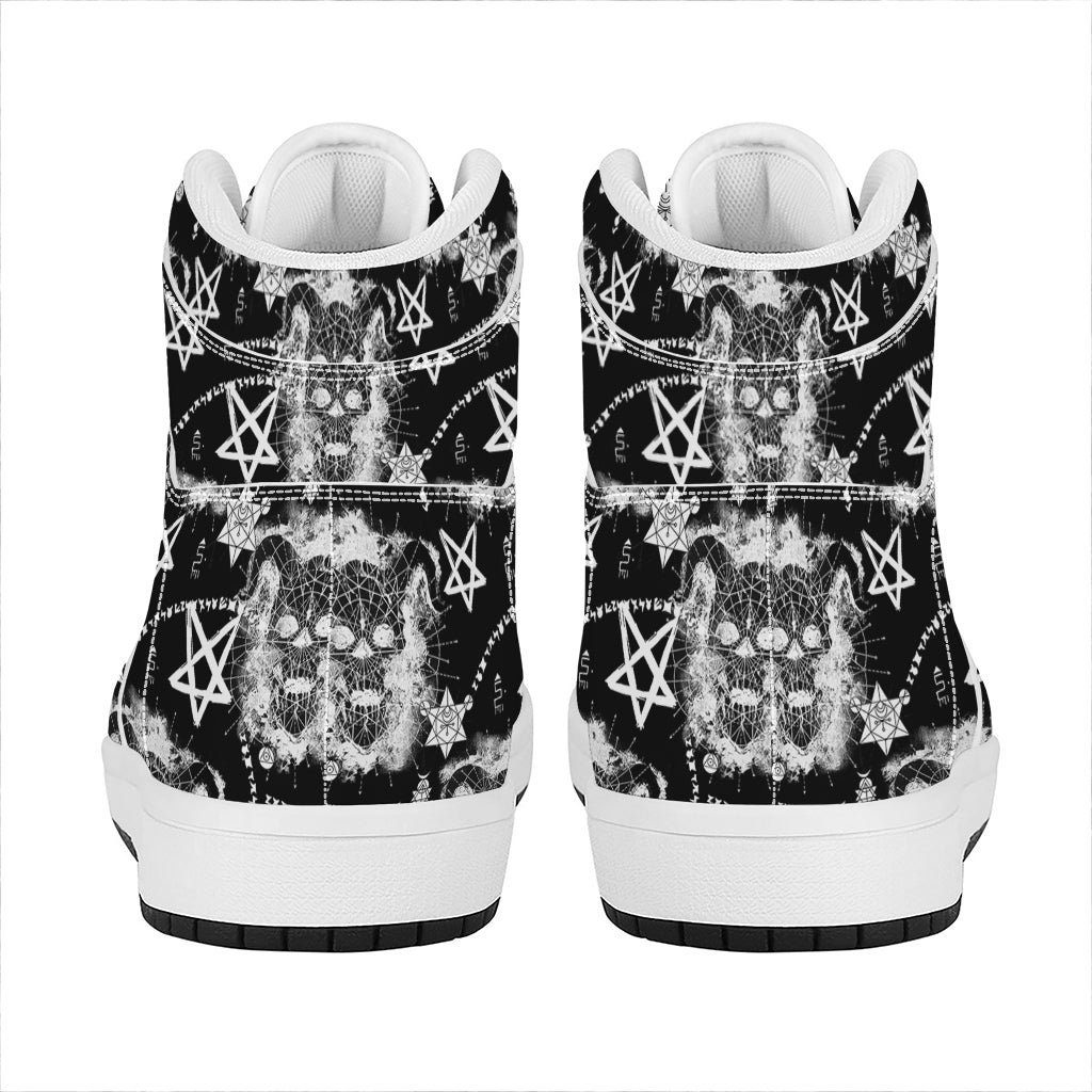 Black And White Wicca Devil Skull Print High Top Leather Sneakers