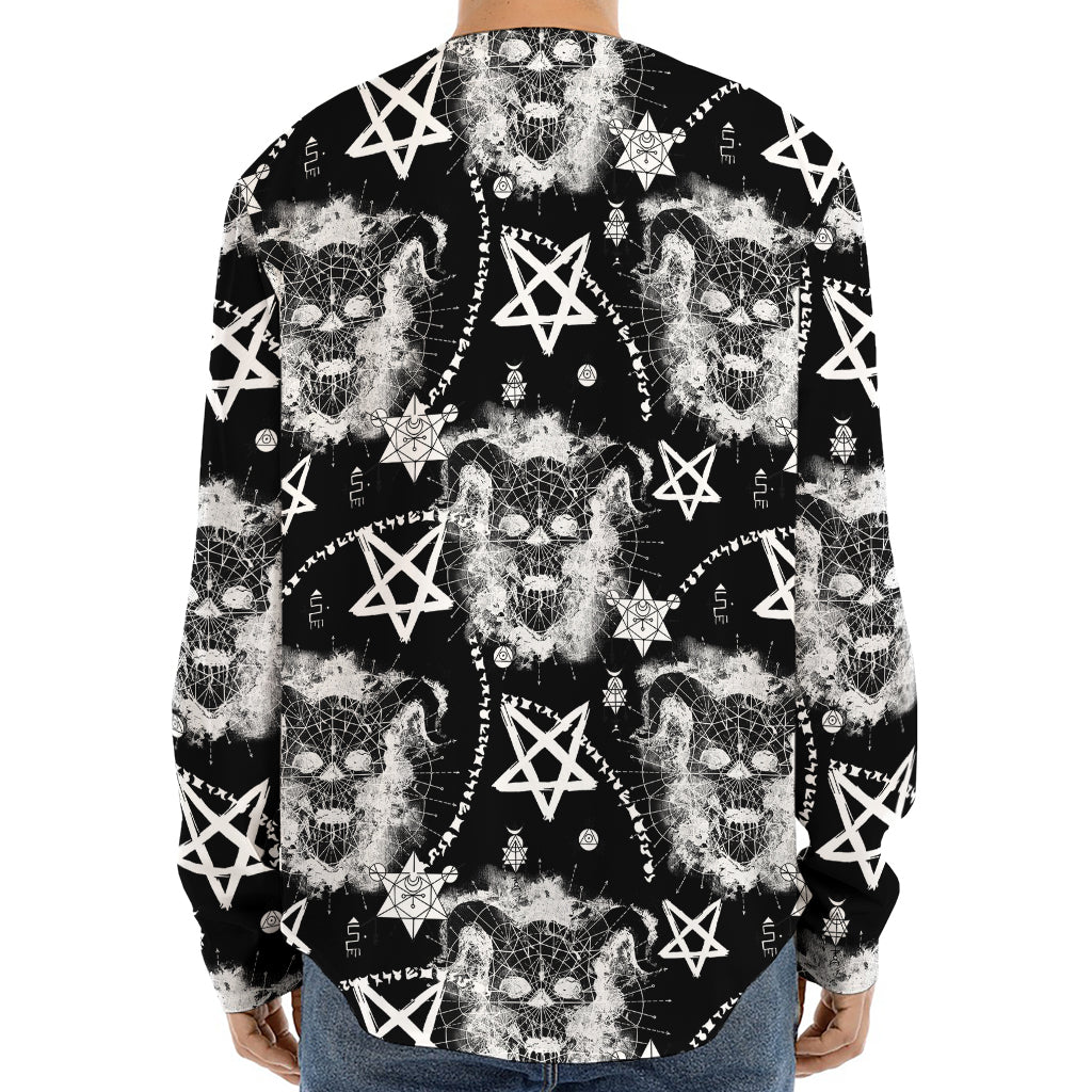 Black And White Wicca Devil Skull Print Long Sleeve Baseball Jersey