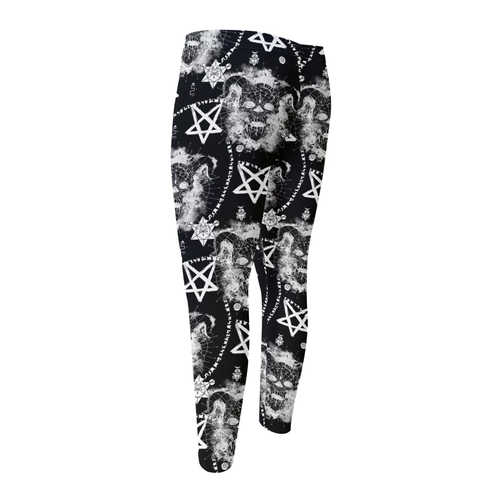 Black And White Wicca Devil Skull Print Men's Compression Pants