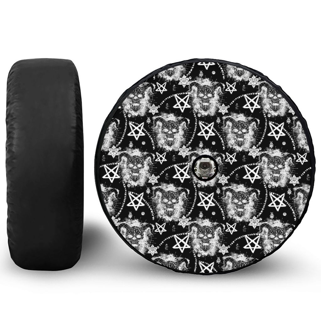 Black And White Wicca Devil Skull Print Tire Cover With Camera Hole