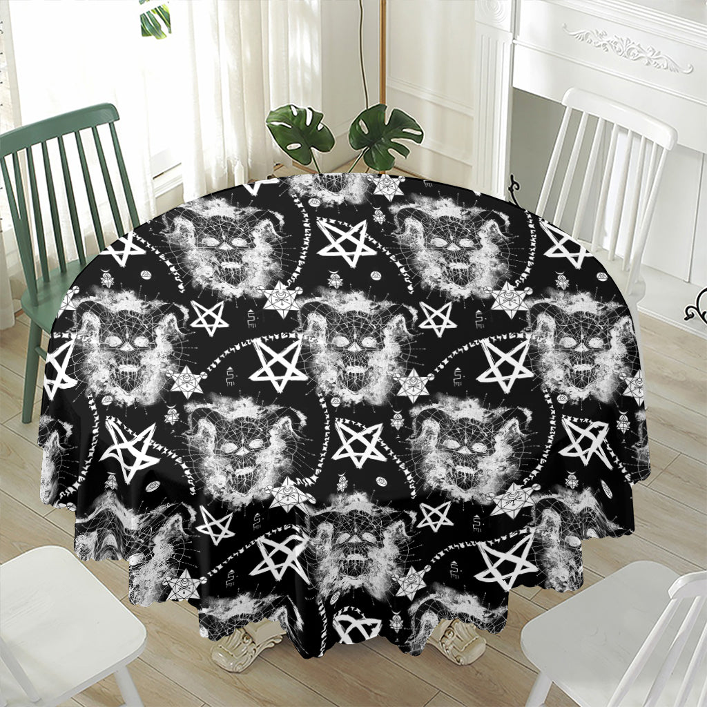 Black And White Wicca Devil Skull Print Waterproof Round Tablecloth