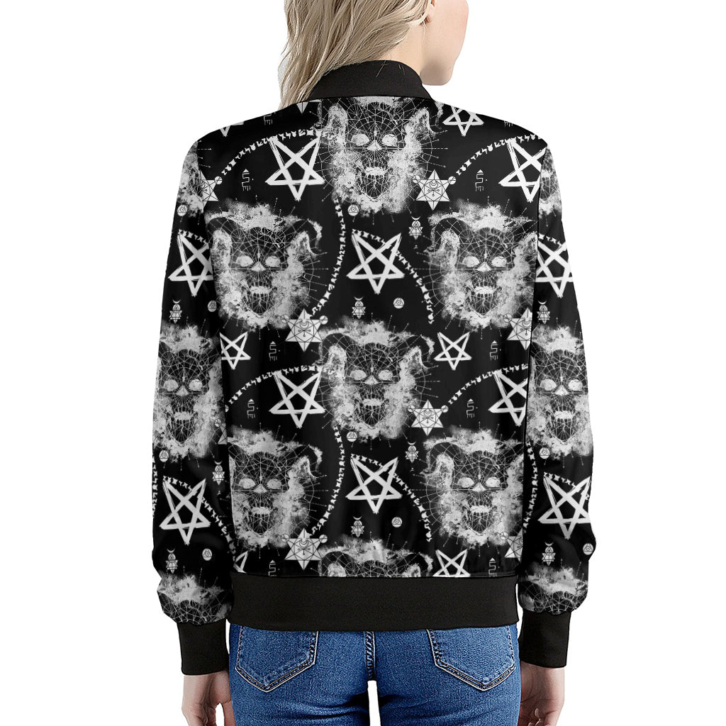 Black And White Wicca Devil Skull Print Women's Bomber Jacket