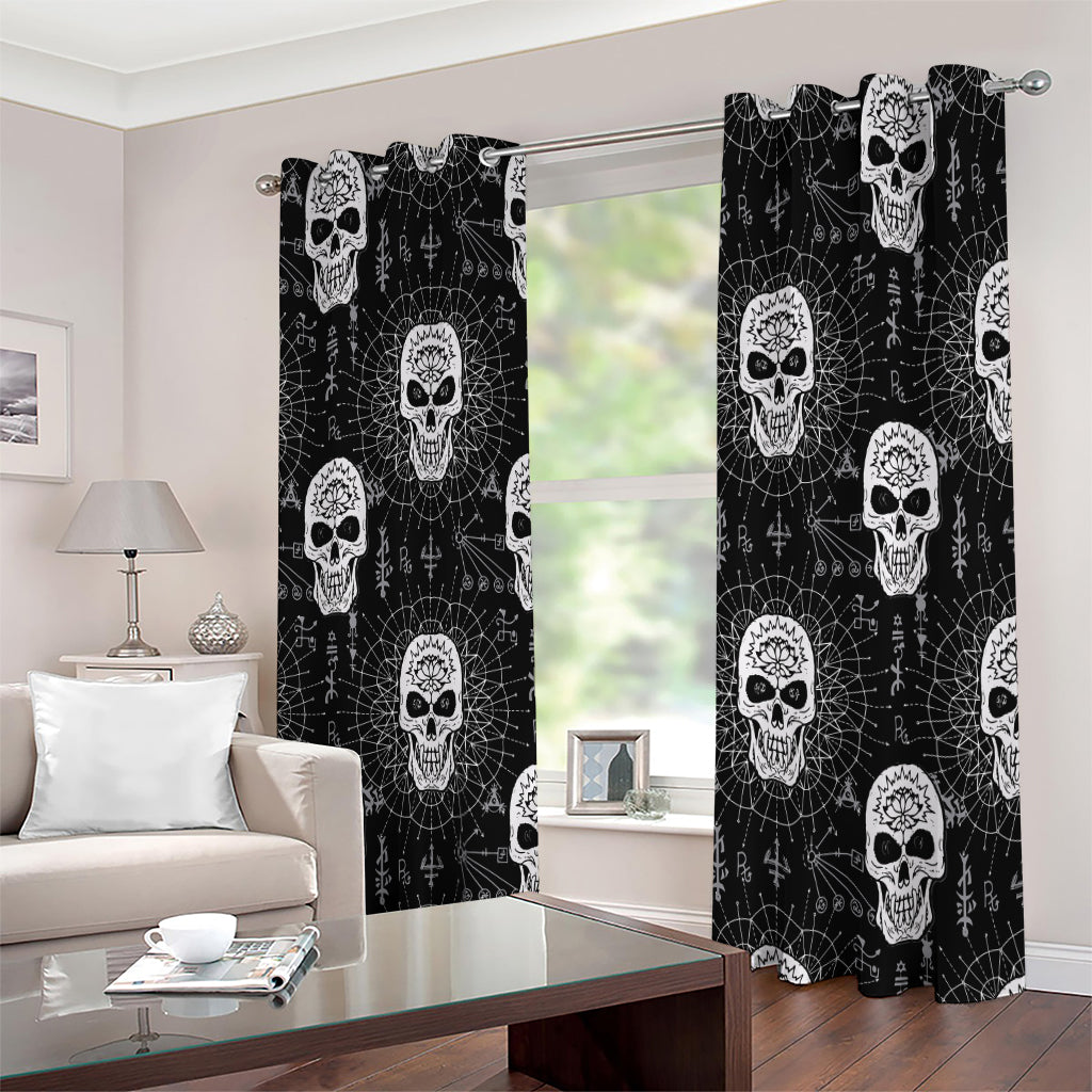 Black And White Wicca Evil Skull Print Extra Wide Grommet Curtains