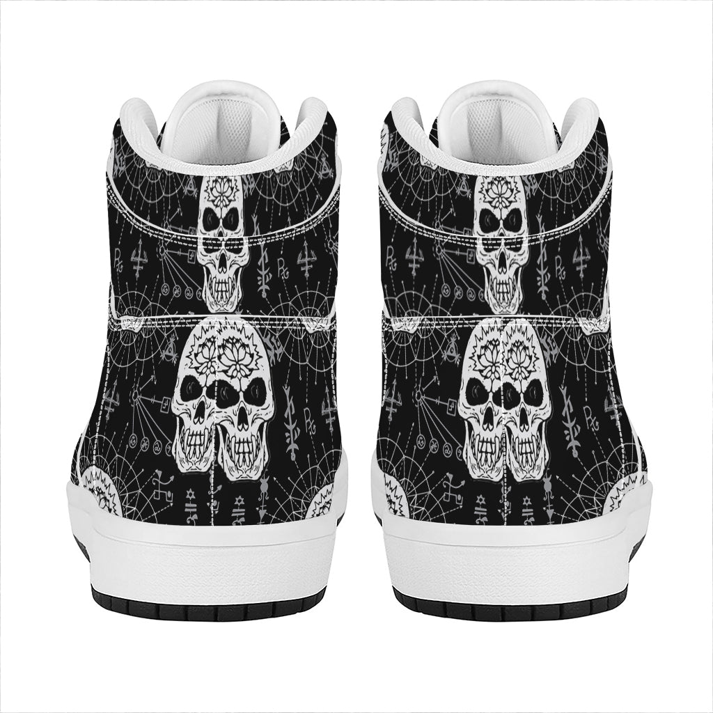Black And White Wicca Evil Skull Print High Top Leather Sneakers