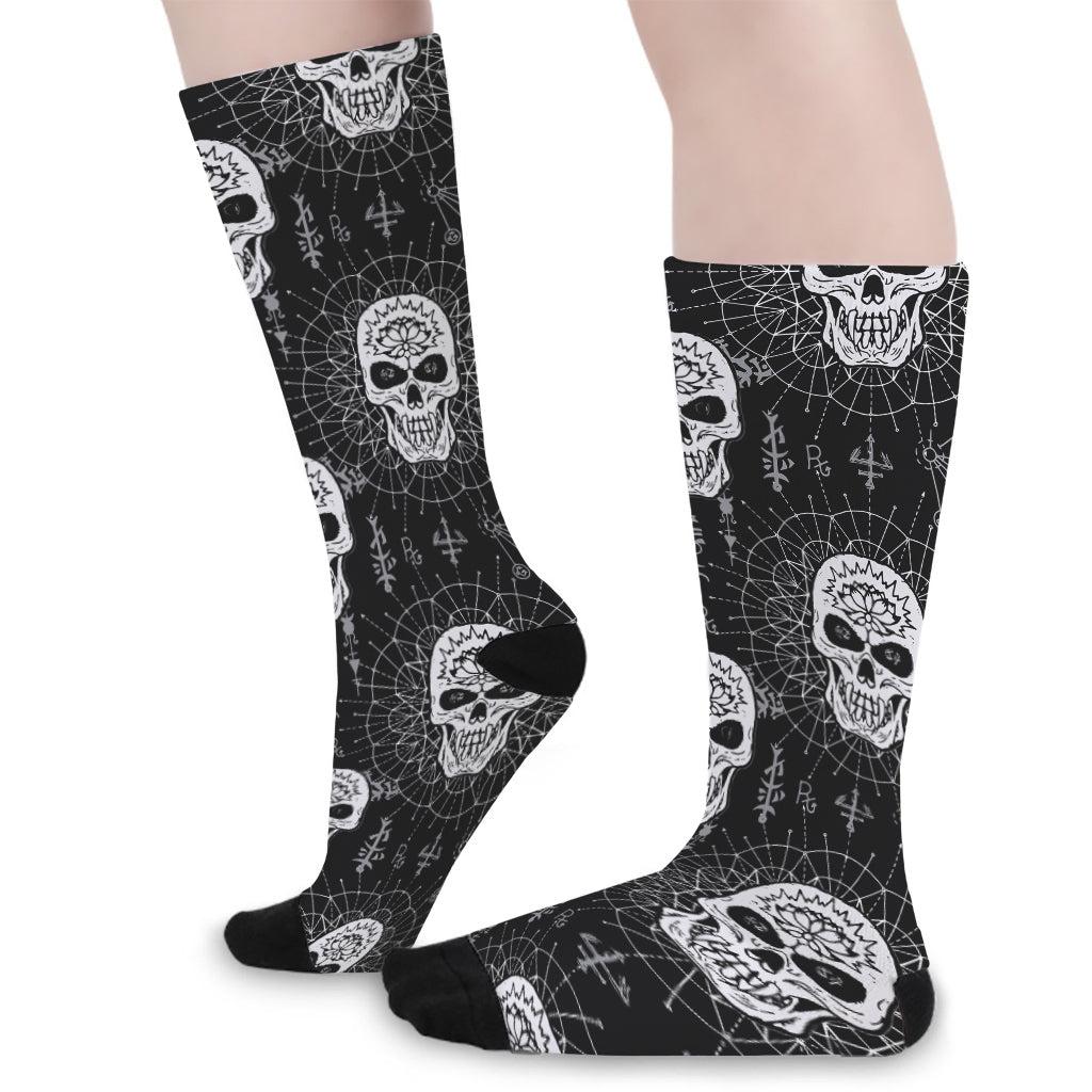 Black And White Wicca Evil Skull Print Long Socks