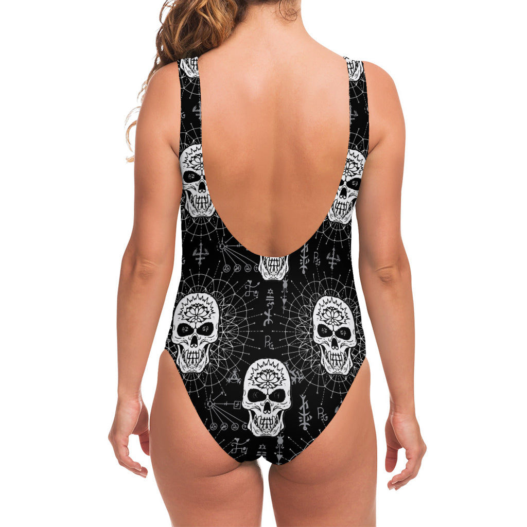 Black And White Wicca Evil Skull Print One Piece Swimsuit