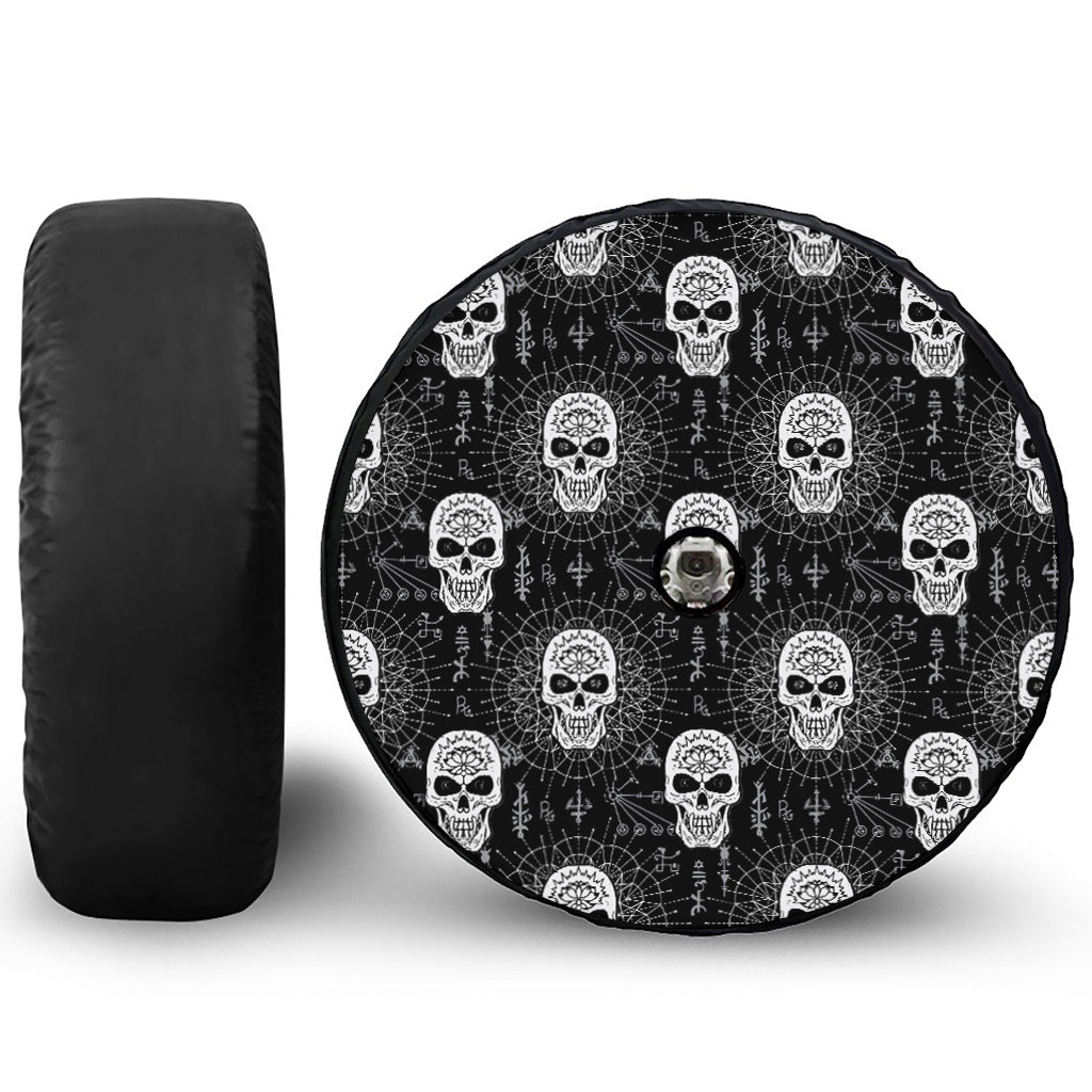 Black And White Wicca Evil Skull Print Tire Cover With Camera Hole
