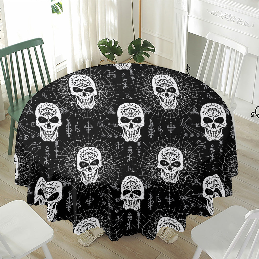 Black And White Wicca Evil Skull Print Waterproof Round Tablecloth
