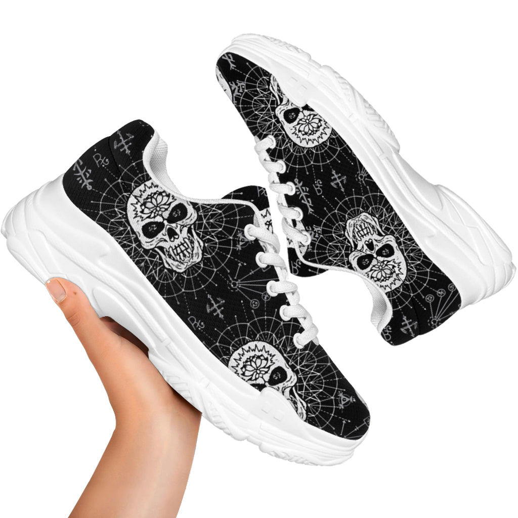 Black And White Wicca Evil Skull Print White Chunky Shoes