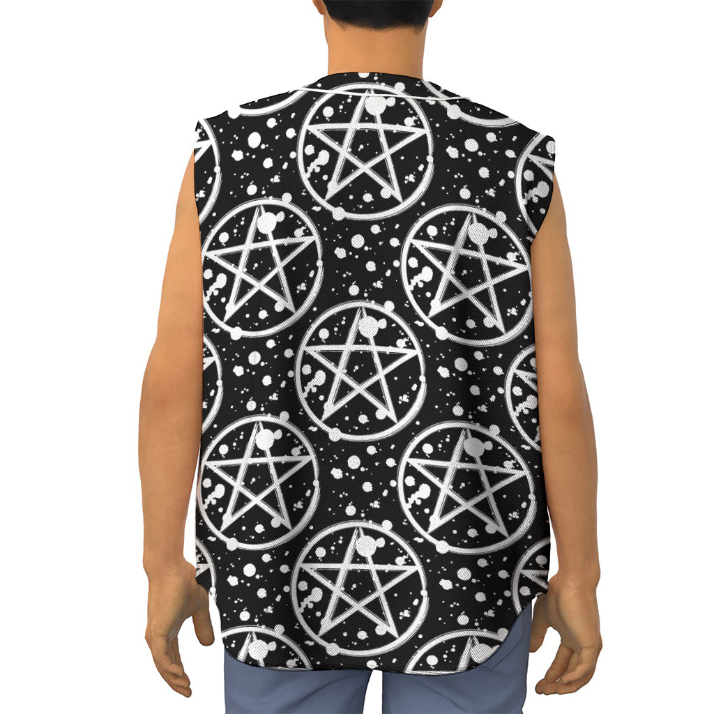 Black And White Wicca Pentagram Print Sleeveless Baseball Jersey
