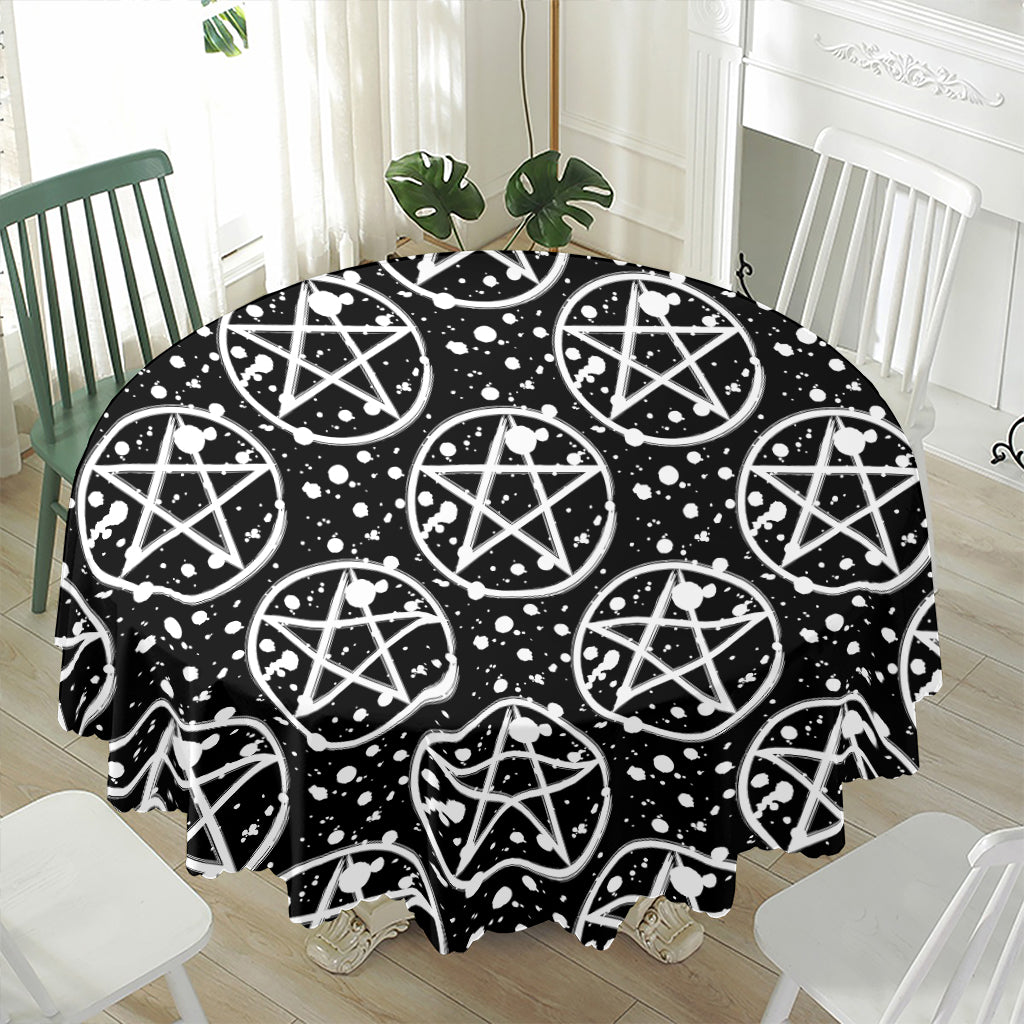 Black And White Wicca Pentagram Print Waterproof Round Tablecloth