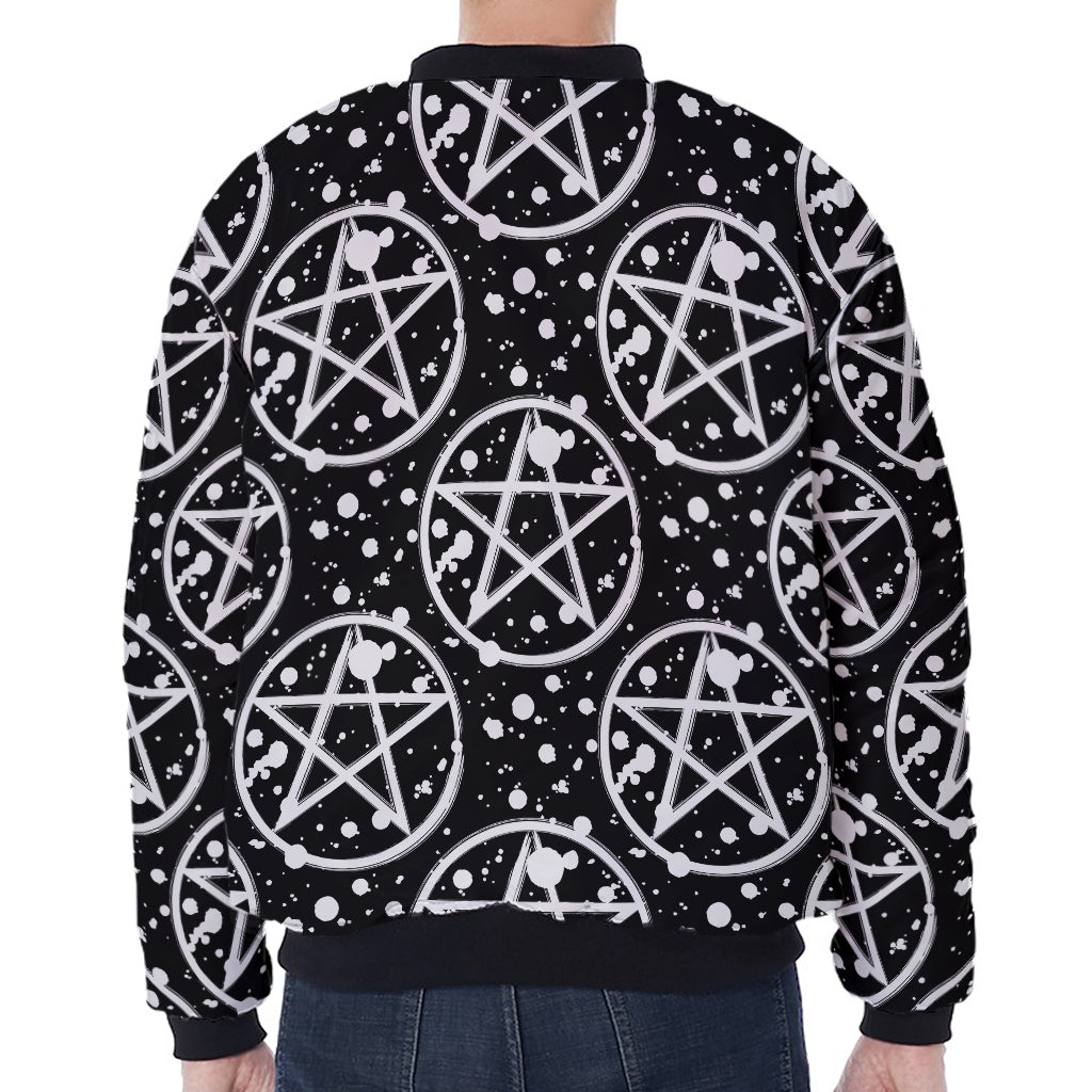 Black And White Wicca Pentagram Print Zip Sleeve Bomber Jacket