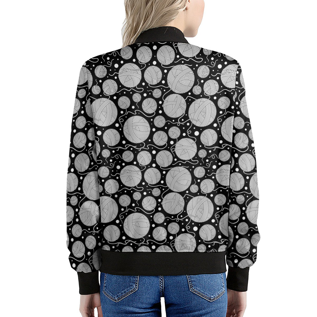 Black And White Yarn Pattern Print Women's Bomber Jacket