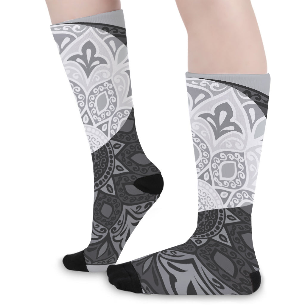 Black And White Yin Yang Mandala Print Long Socks