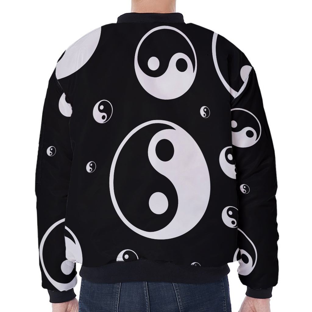 Black And White Yin Yang Pattern Print Zip Sleeve Bomber Jacket