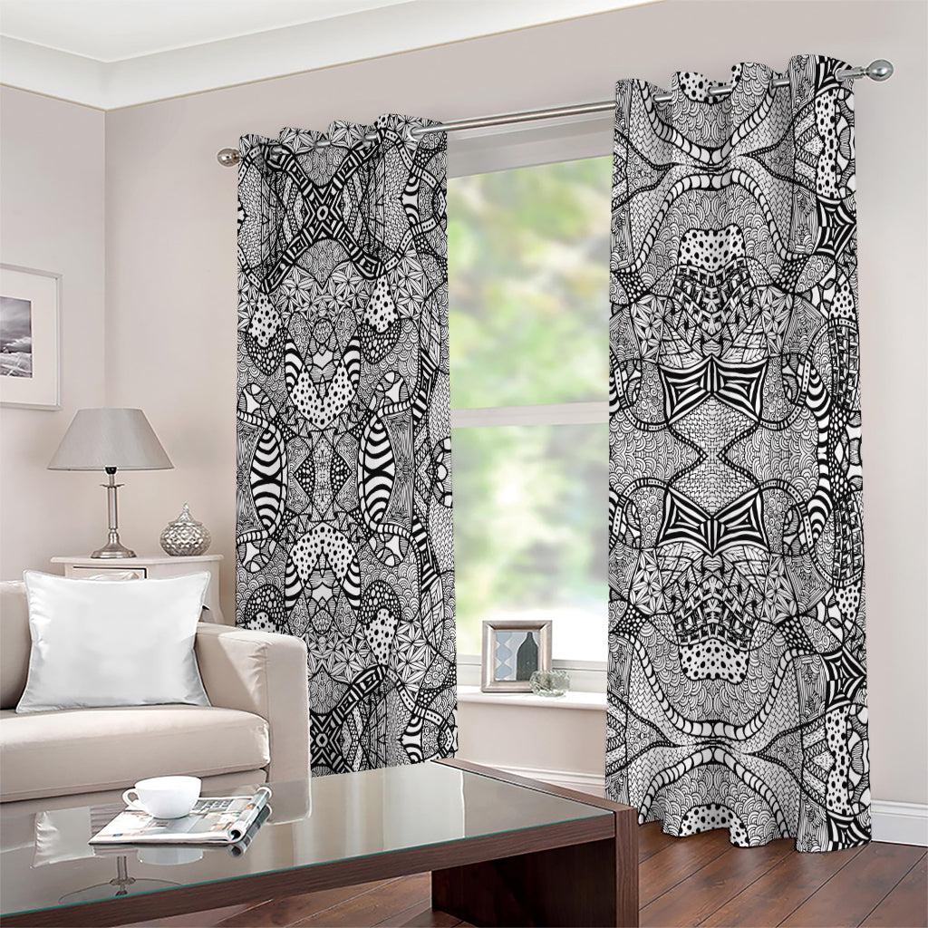 Black And White Zentangle Pattern Print Extra Wide Grommet Curtains