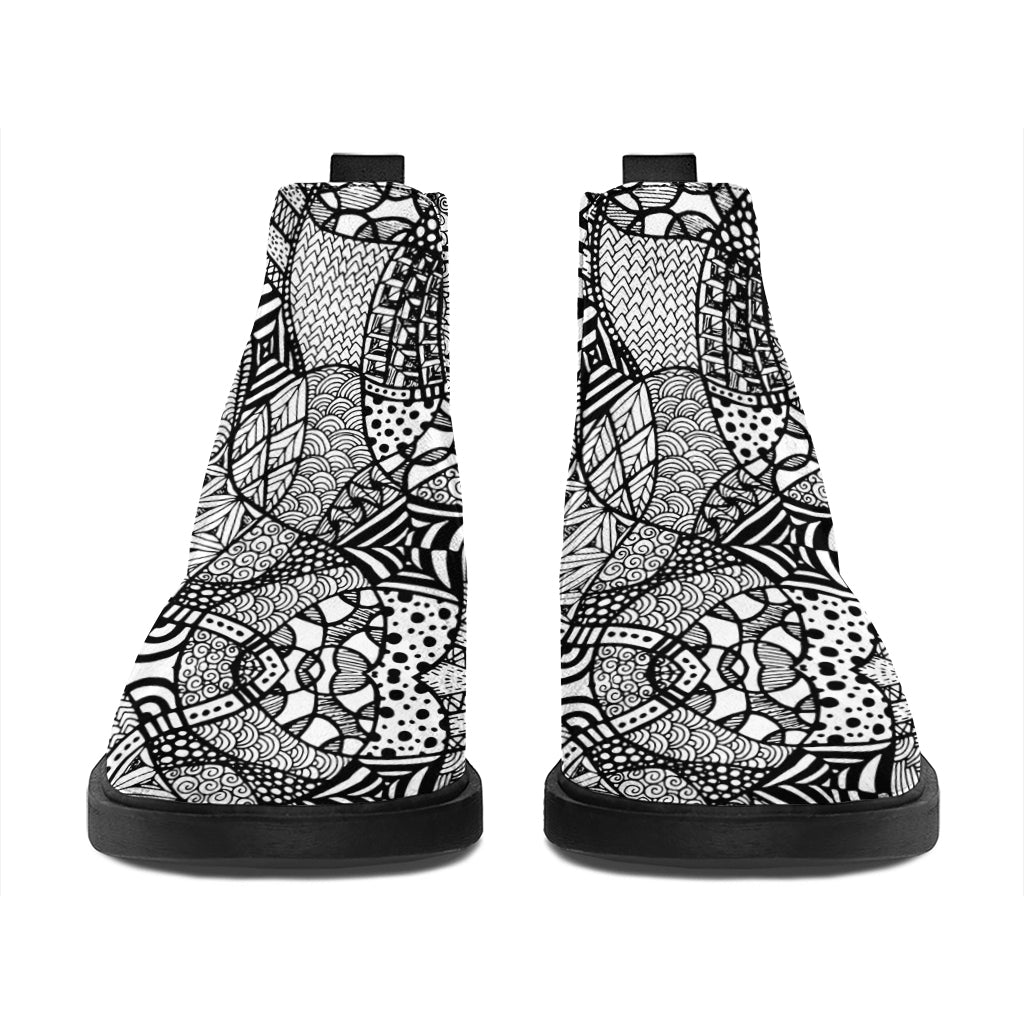 Black And White Zentangle Pattern Print Flat Ankle Boots