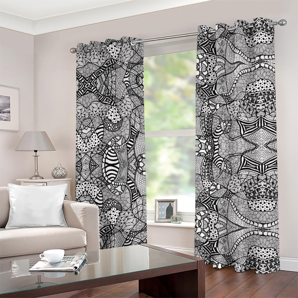 Black And White Zentangle Pattern Print Grommet Curtains