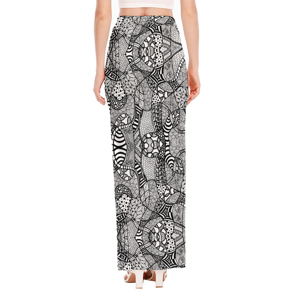 Black And White Zentangle Pattern Print High Slit Maxi Skirt