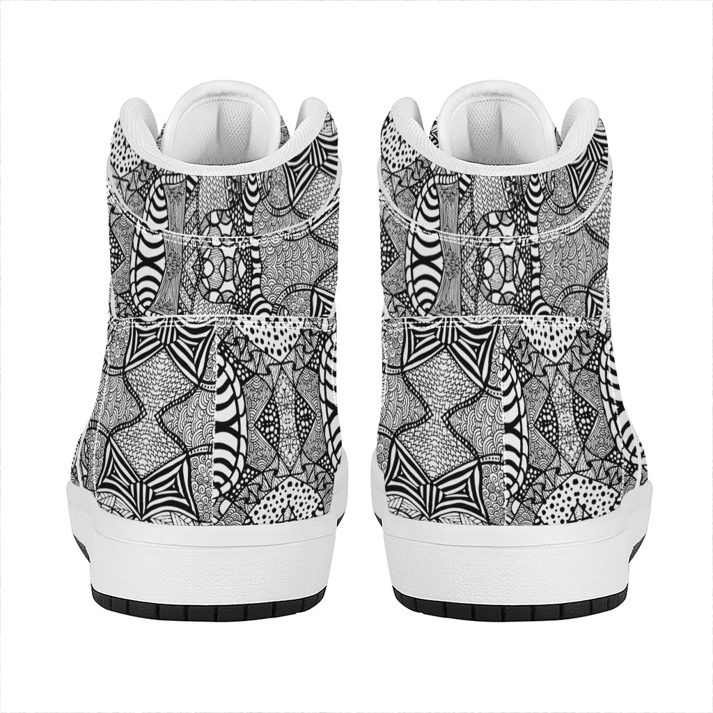 Black And White Zentangle Pattern Print High Top Leather Sneakers