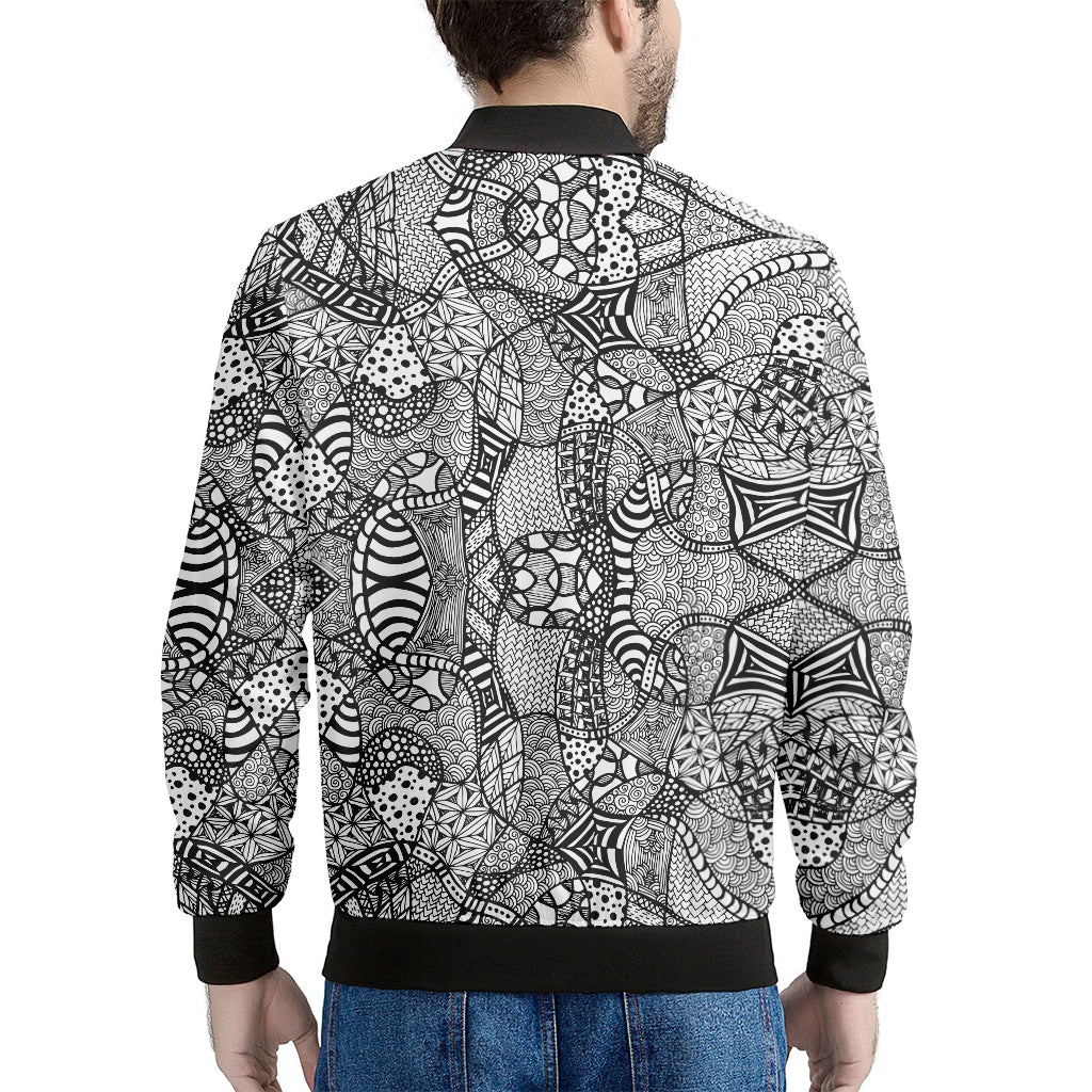 Black And White Zentangle Pattern Print Men's Bomber Jacket