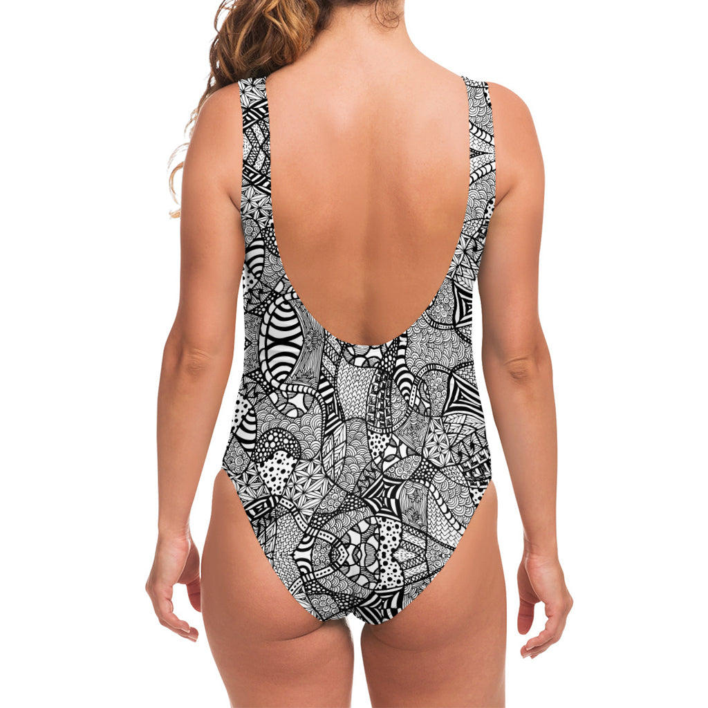 Black And White Zentangle Pattern Print One Piece Swimsuit