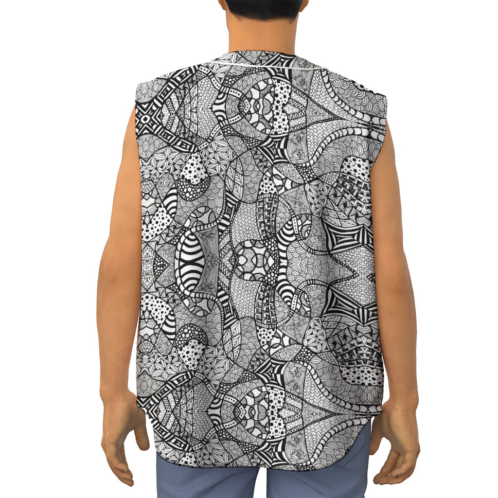 Black And White Zentangle Pattern Print Sleeveless Baseball Jersey
