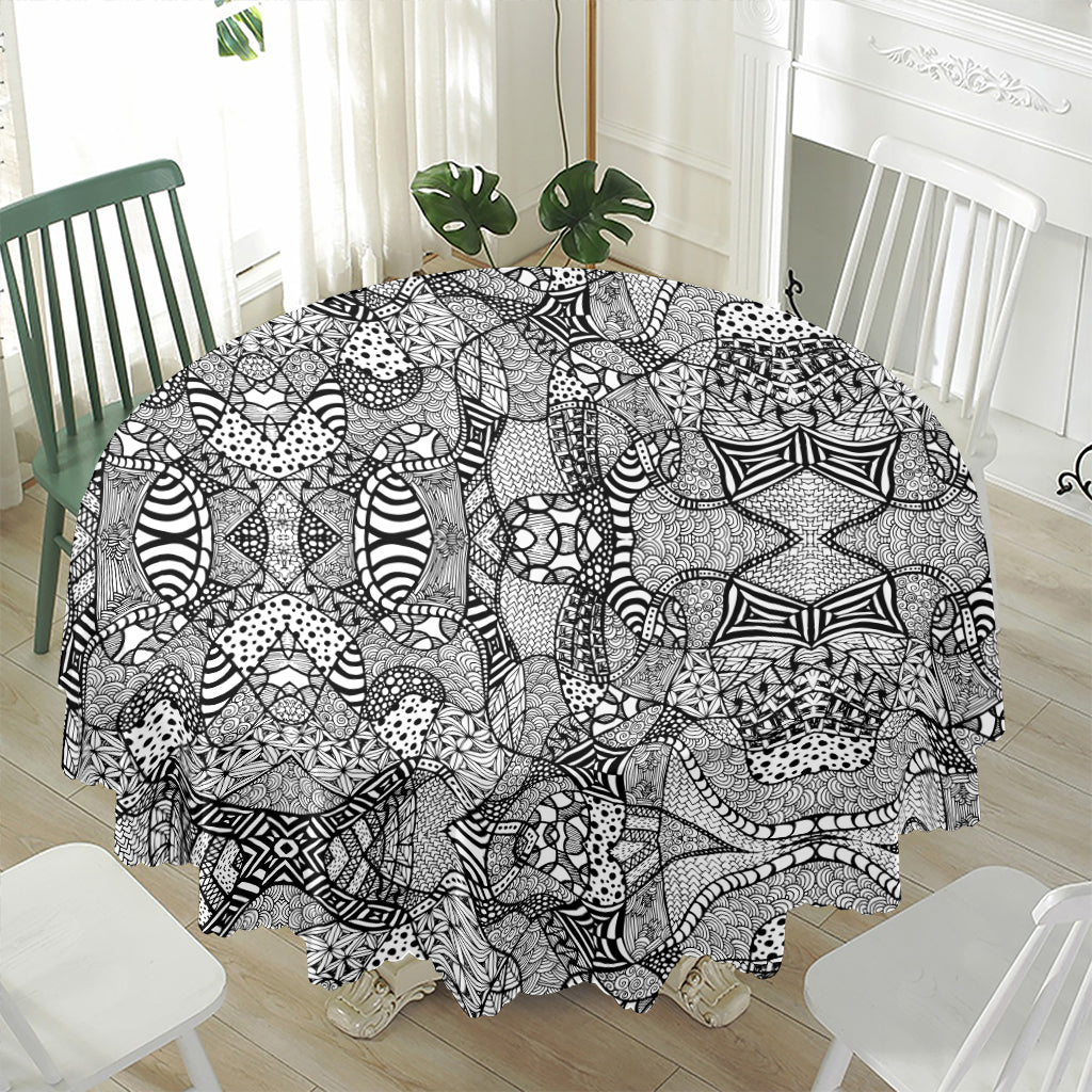 Black And White Zentangle Pattern Print Waterproof Round Tablecloth