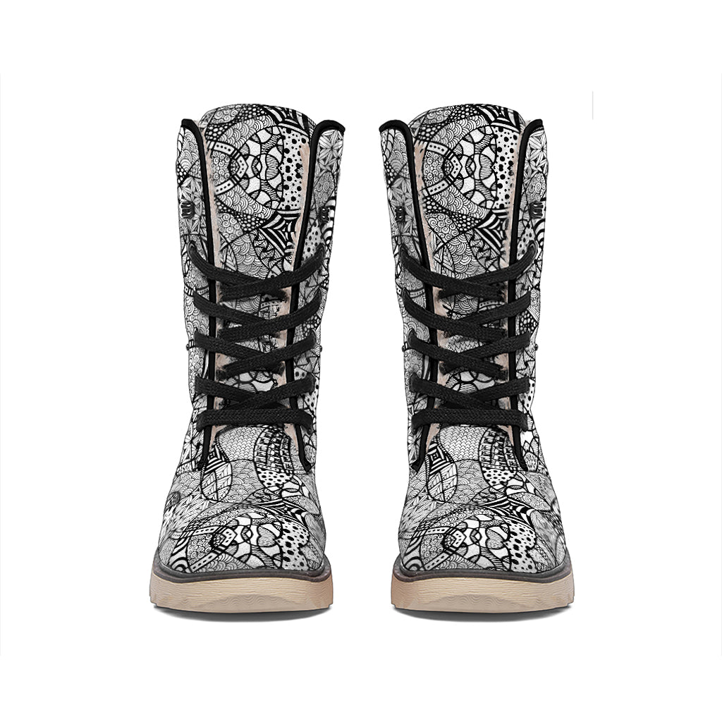 Black And White Zentangle Pattern Print Winter Boots