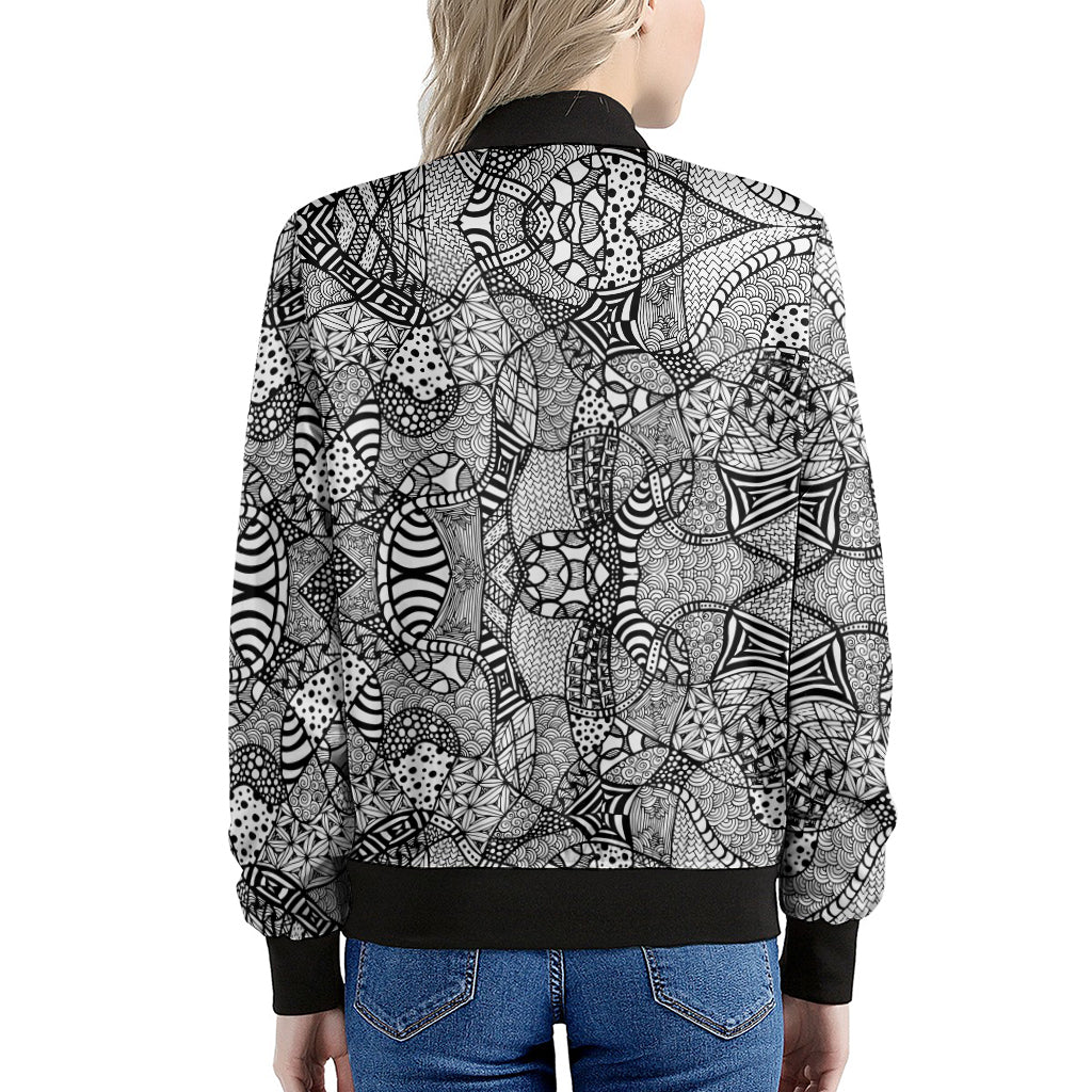 Black And White Zentangle Pattern Print Women's Bomber Jacket