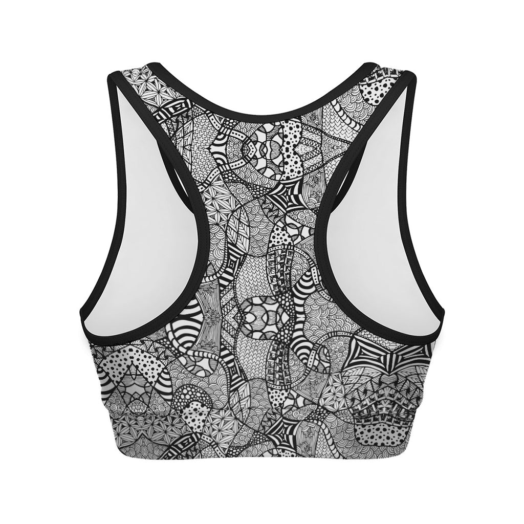Black And White Zentangle Pattern Print Women's Sports Bra