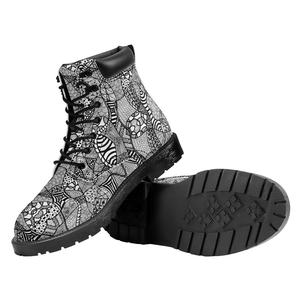 Black And White Zentangle Pattern Print Work Boots
