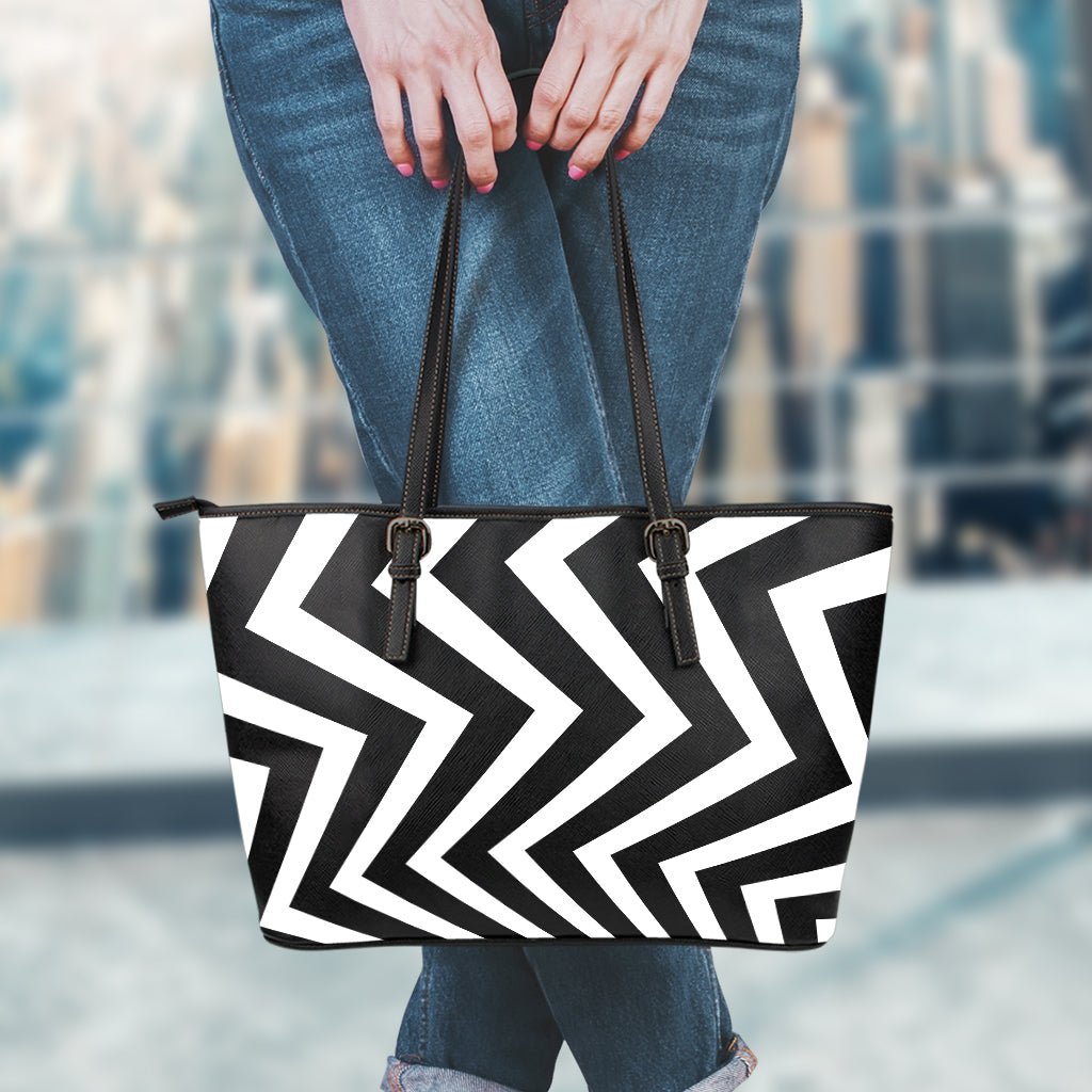 Black And White Zigzag Dazzle Print Leather Tote Bag