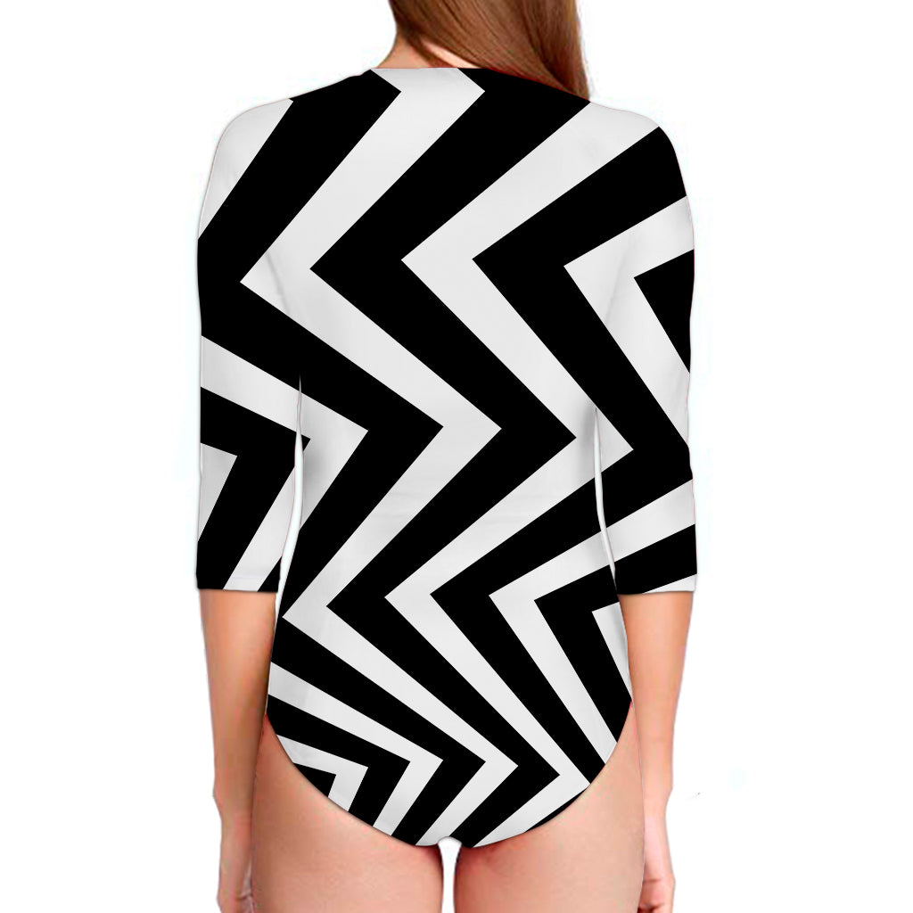 Black And White Zigzag Dazzle Print Long Sleeve Swimsuit