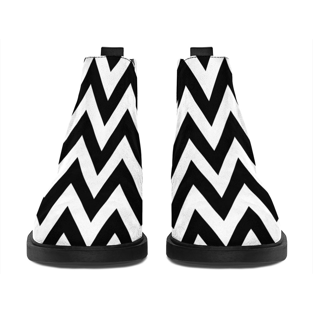 Black And White Zigzag Pattern Print Flat Ankle Boots