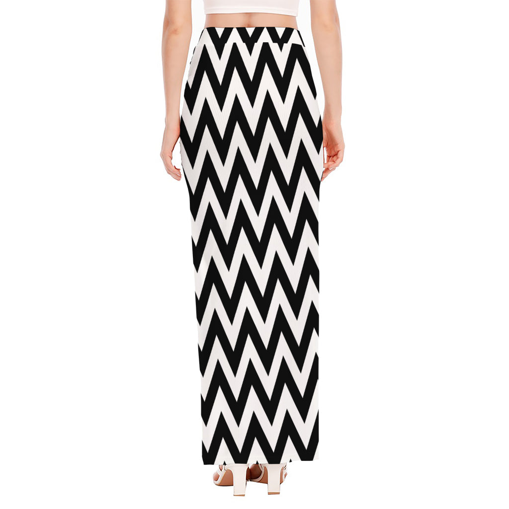 Black And White Zigzag Pattern Print High Slit Maxi Skirt