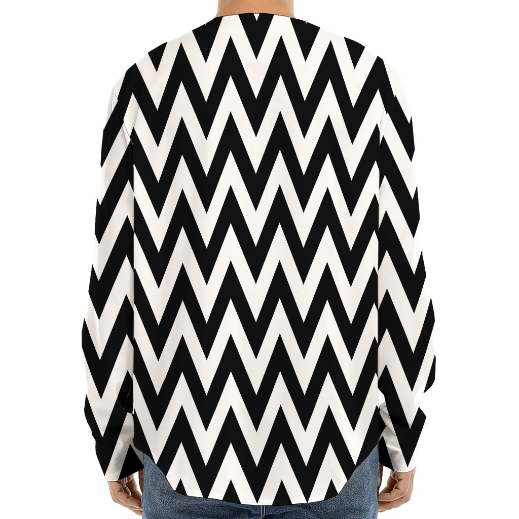 Black And White Zigzag Pattern Print Long Sleeve Baseball Jersey