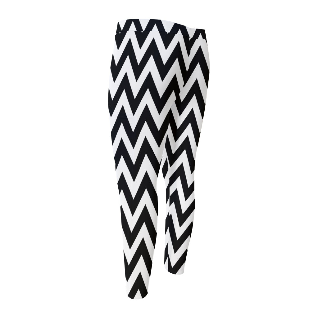 Black And White Zigzag Pattern Print Men's Compression Pants
