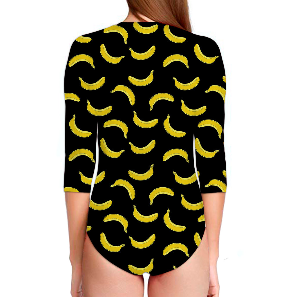 Black And Yellow Banana Pattern Print Long Sleeve Swimsuit
