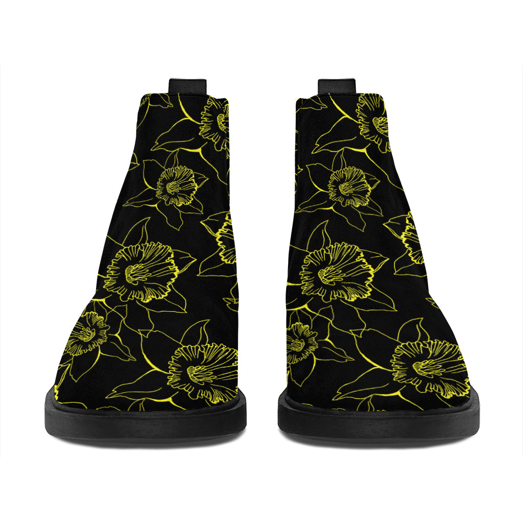 Black And Yellow Daffodil Pattern Print Flat Ankle Boots