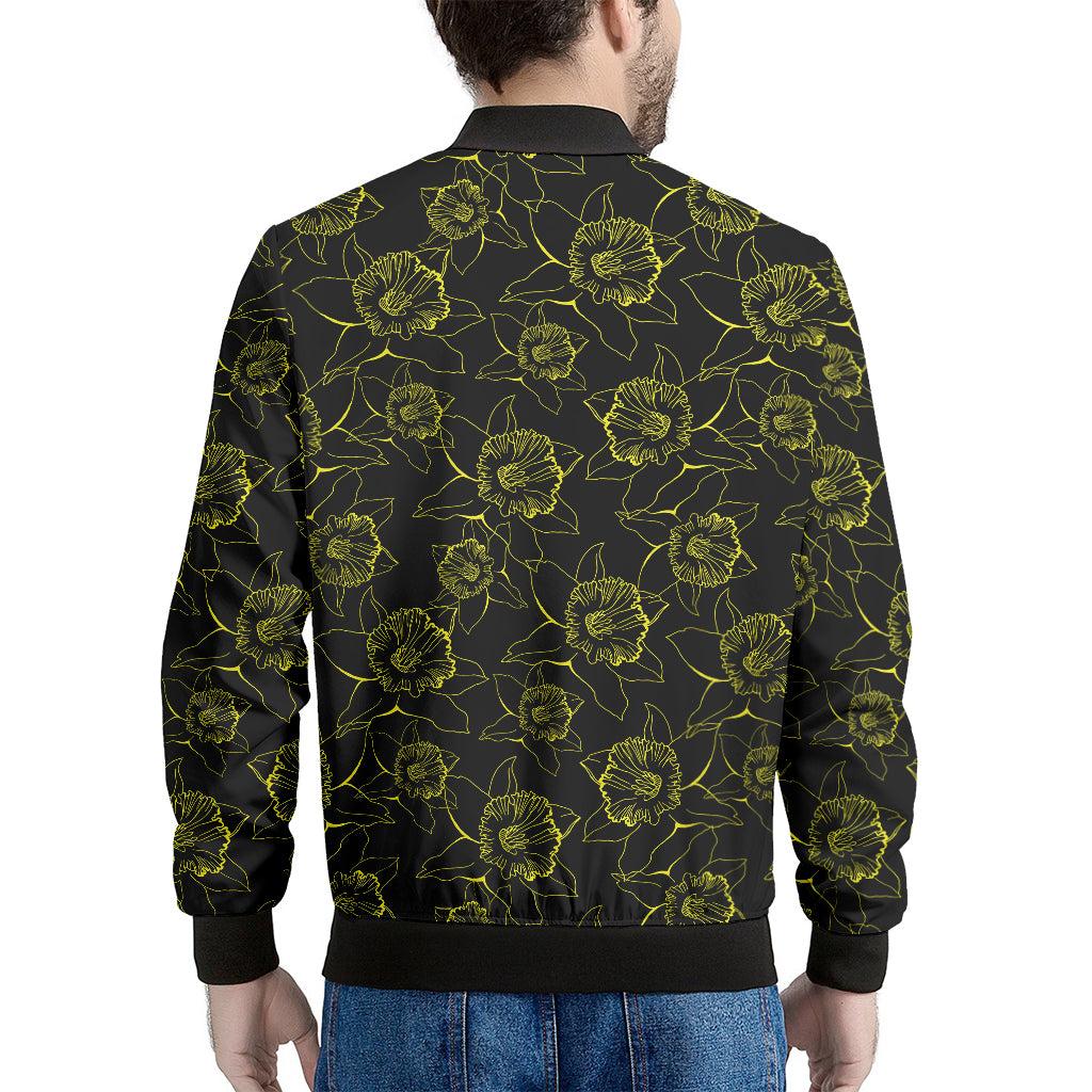 Black And Yellow Daffodil Pattern Print Men's Bomber Jacket