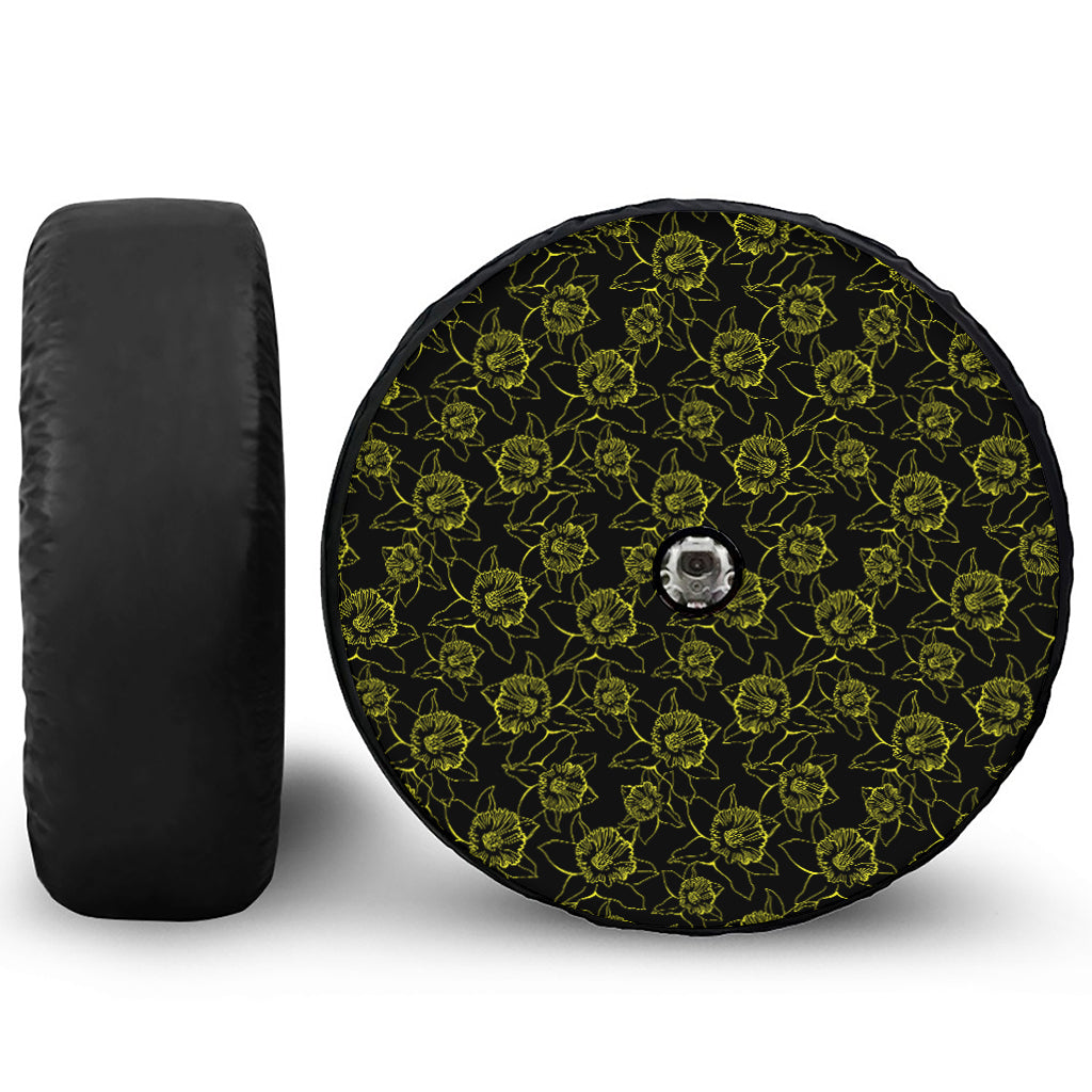 Black And Yellow Daffodil Pattern Print Tire Cover With Camera Hole