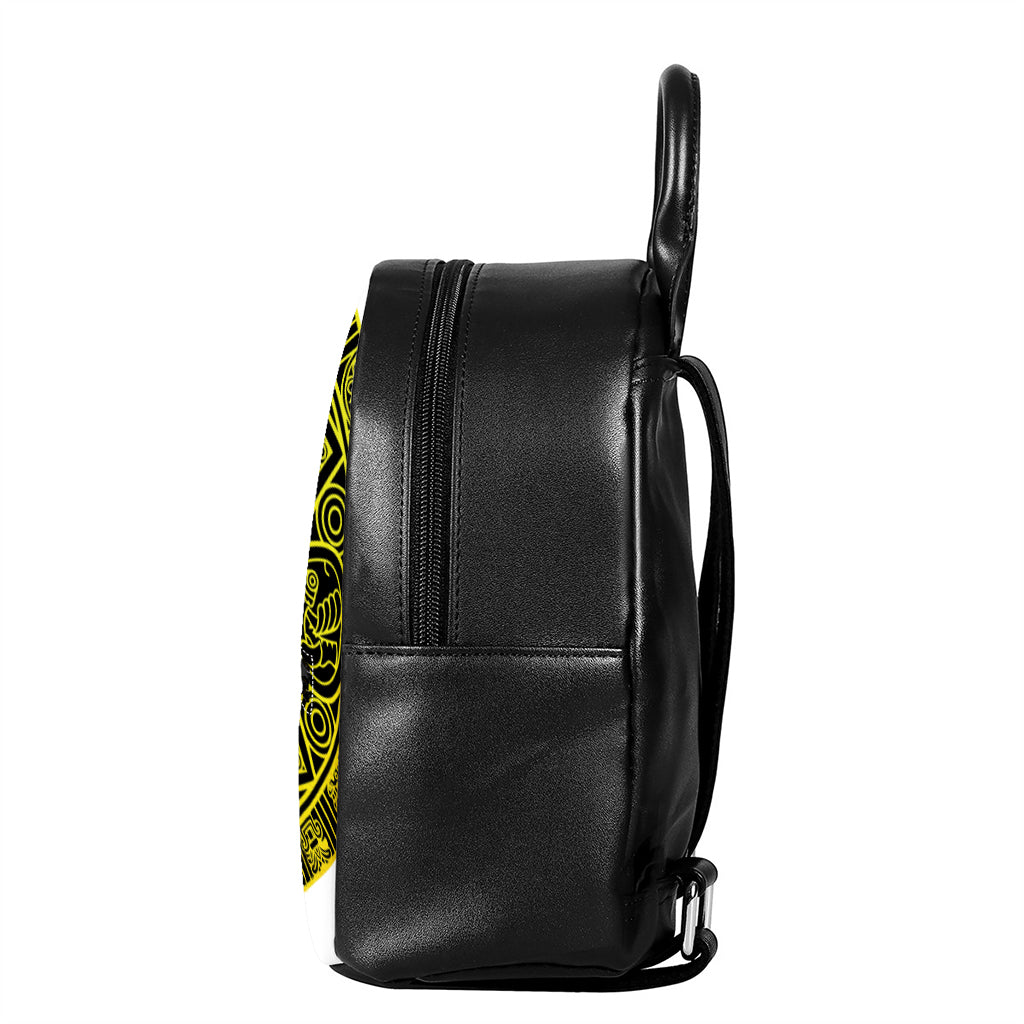 Black And Yellow Maya Calendar Print Leather Backpack