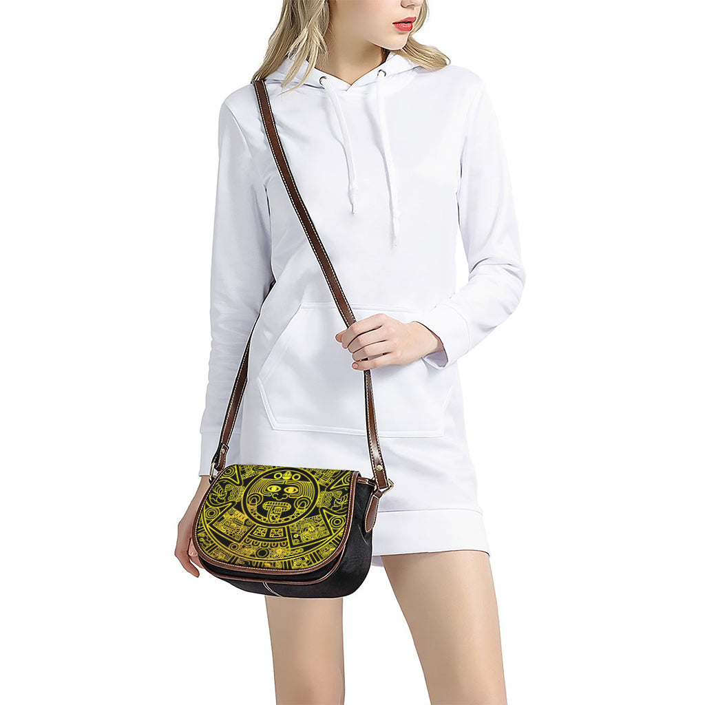 Black And Yellow Maya Calendar Print Saddle Bag