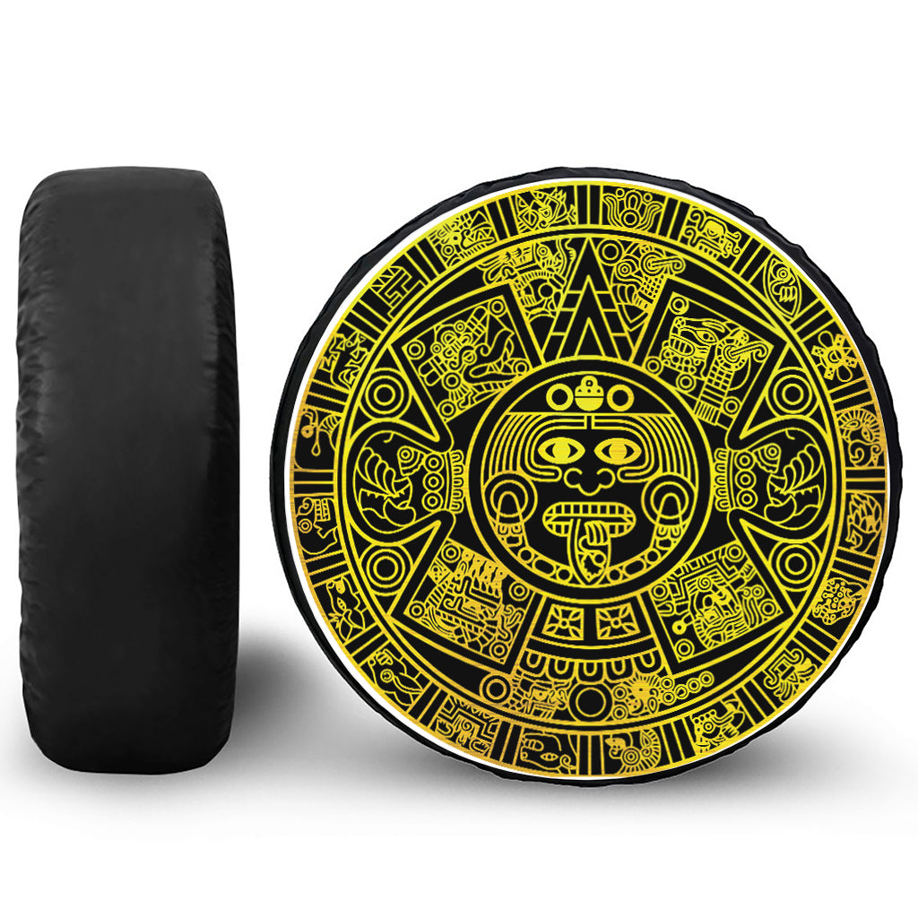 Black And Yellow Maya Calendar Print Tire Cover