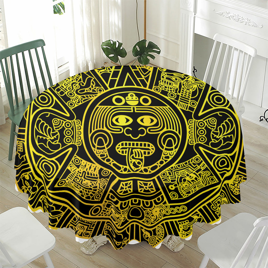 Black And Yellow Maya Calendar Print Waterproof Round Tablecloth