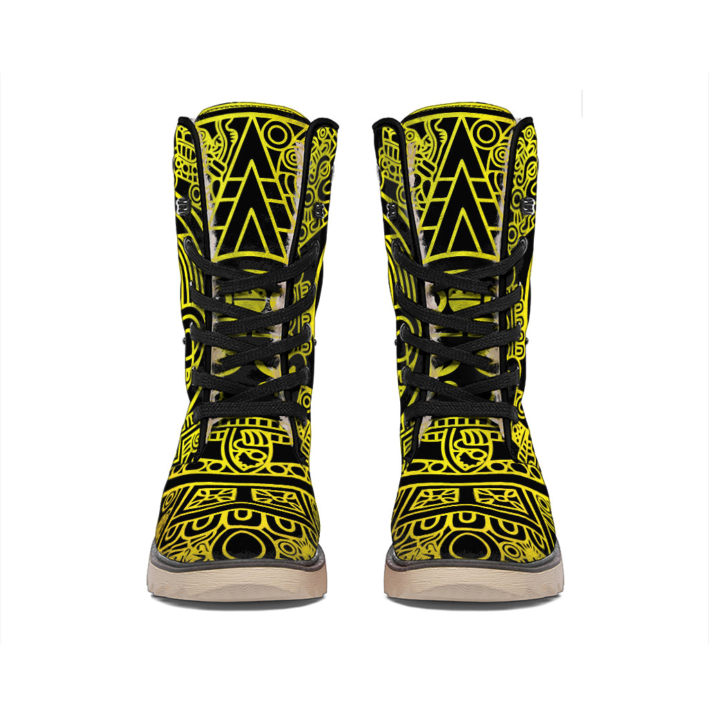 Black And Yellow Maya Calendar Print Winter Boots