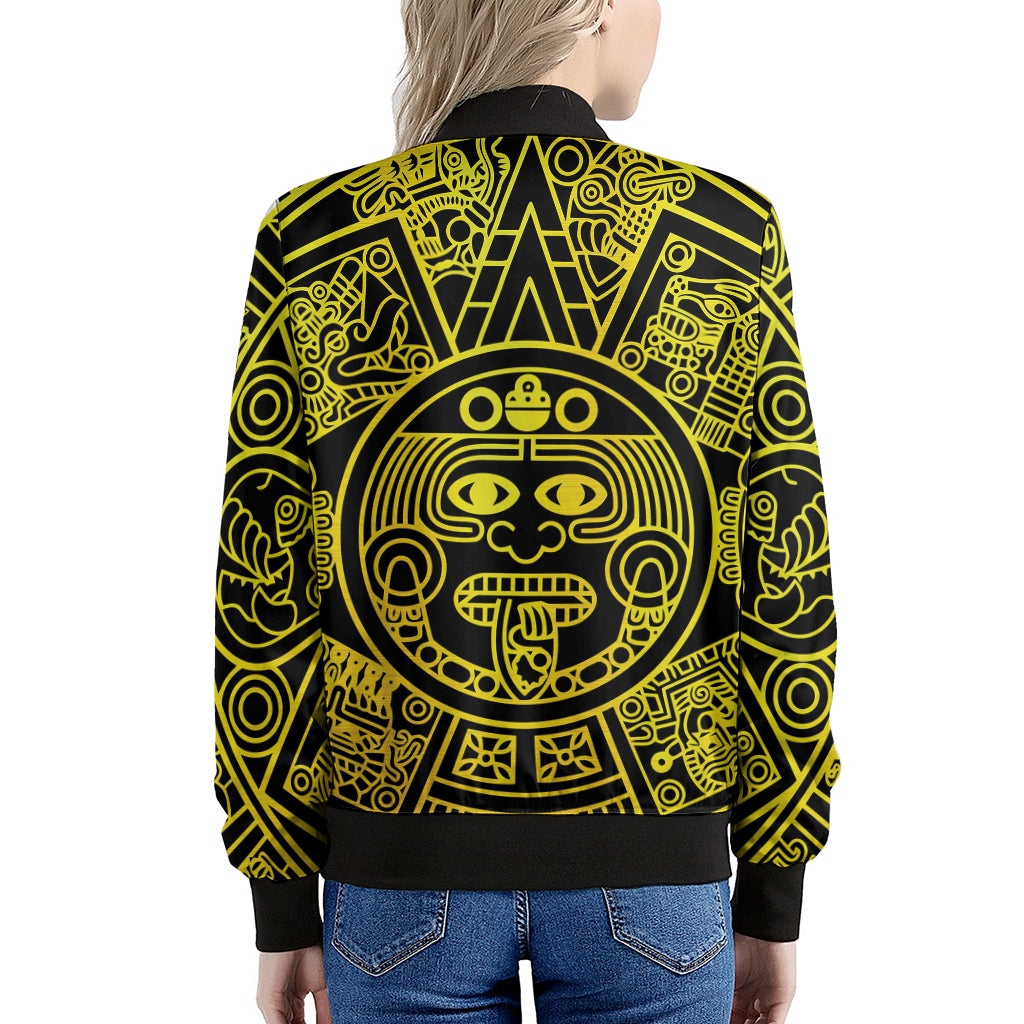 Black And Yellow Maya Calendar Print Women's Bomber Jacket