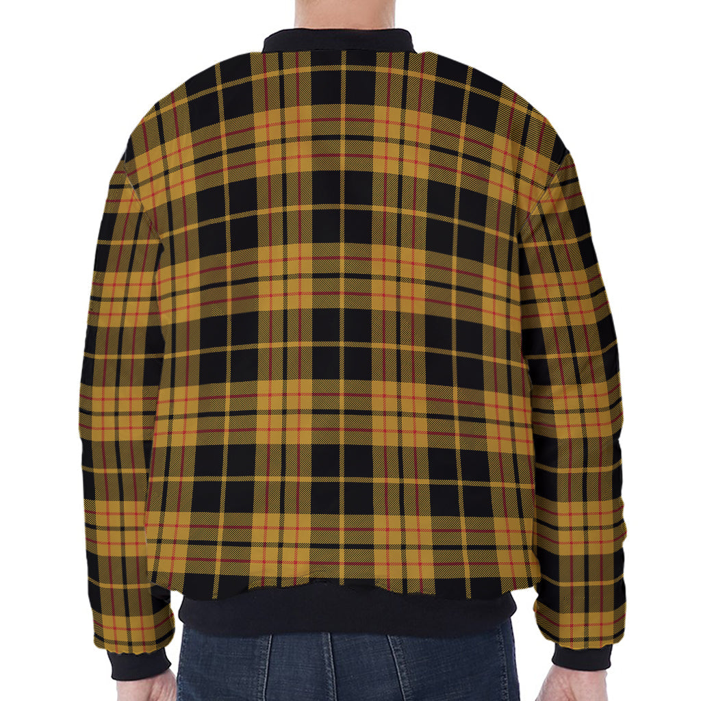 Black And Yellow Tartan Pattern Print Zip Sleeve Bomber Jacket